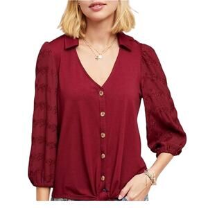 Vanessa Virginia by Anthro Lenora Waist Knot Tie Cranberry Jersey Knit Top Small